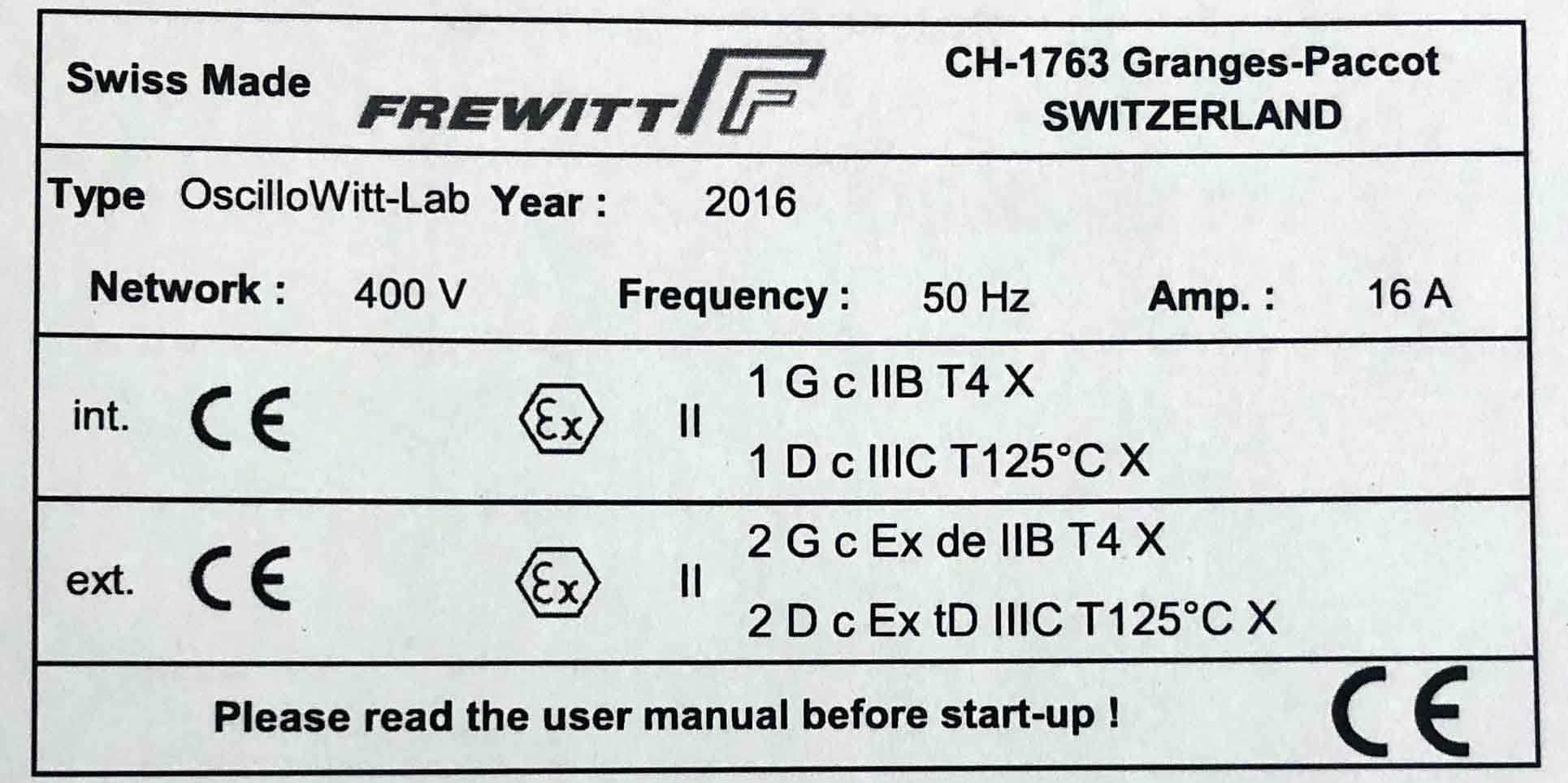 Broyeur granulateur oscillant FREWITT OscilloWitt-Lab MF-Lab inox ATEX env. 30 à 100 kG/h